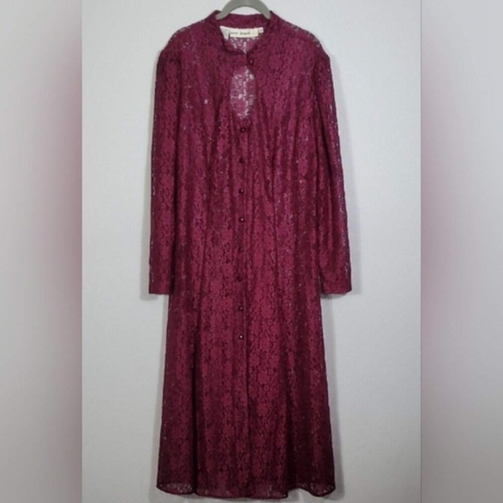 Vintage Women Sheer Lace Maxi Gown 22 Red Renaissance Corset Button Up Witch